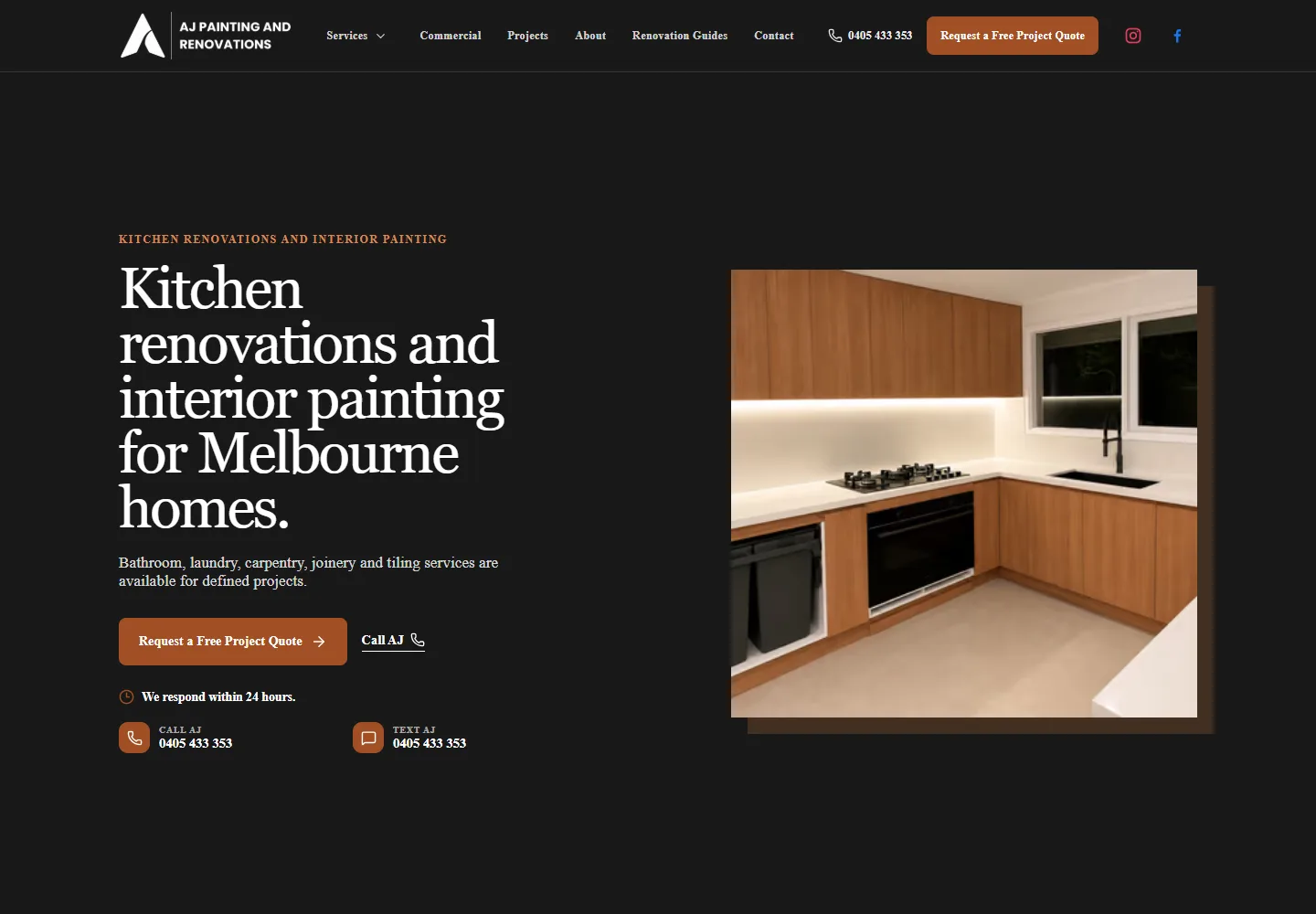 AJ Painting and Renovations website, featuring a warm timber kitchen