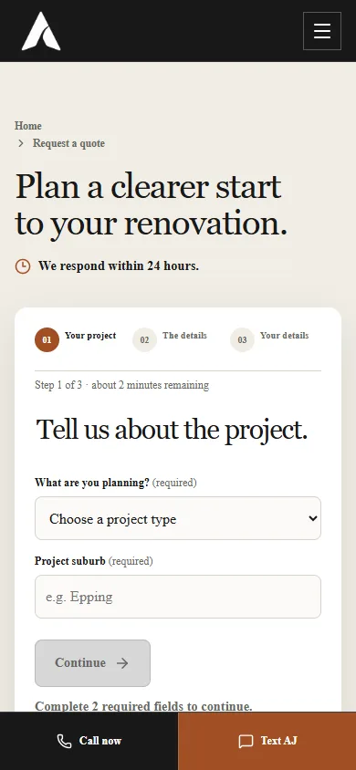 Actual mobile quote page with touch-friendly controls
